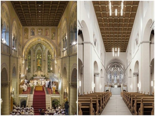 Zwei Kircheninnenräume mit Kanzel-, Altar- und Bankanordnung